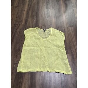 Eileen Fisher Blouse Womens Large Neon Yellow Linen Sheer Lagenlook Lightweight